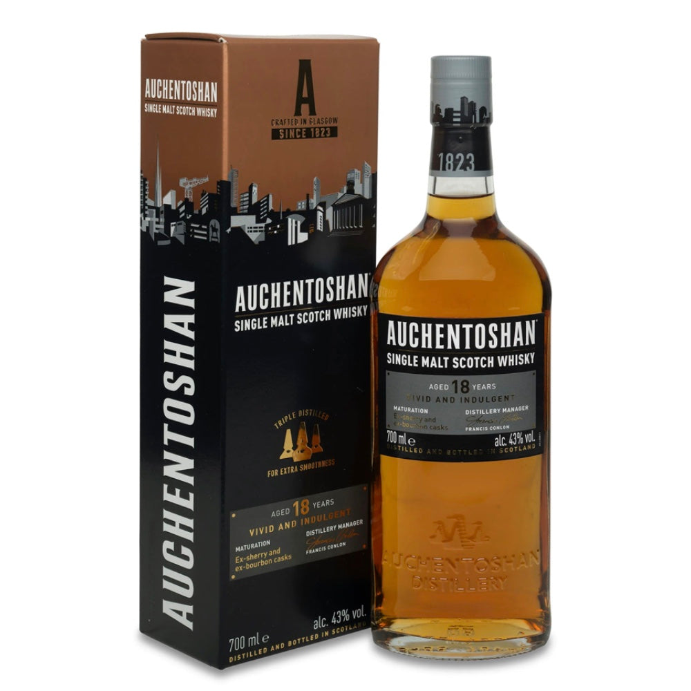 Auchentoshan 18 Year Old Lowland Single Malt Scotch Whisky bottle and packaging on a white background
