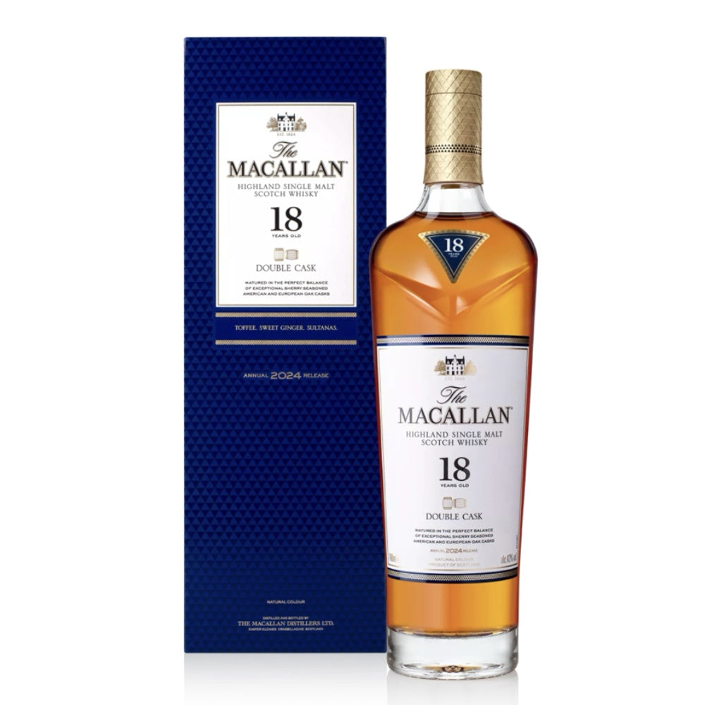 A bottle of The Macallan 18 Year Old Single malt Scotch whisky next to its dark blue textured presentation box, set against a plain white background.
