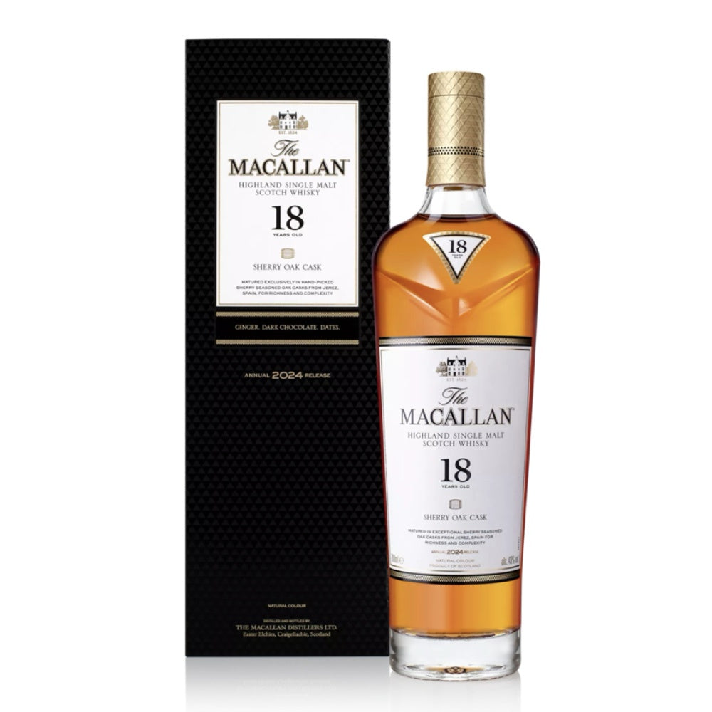 A bottle of The Macallan 18 Year Old Single Malt Scotch Whisky stands next to its black textured packaging box on a clean white background.