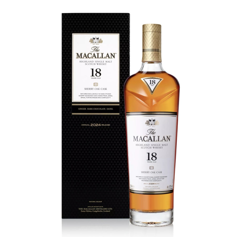 A bottle of The Macallan 18 Year Old Single Malt Scotch Whisky stands next to its black textured packaging box on a clean white background.