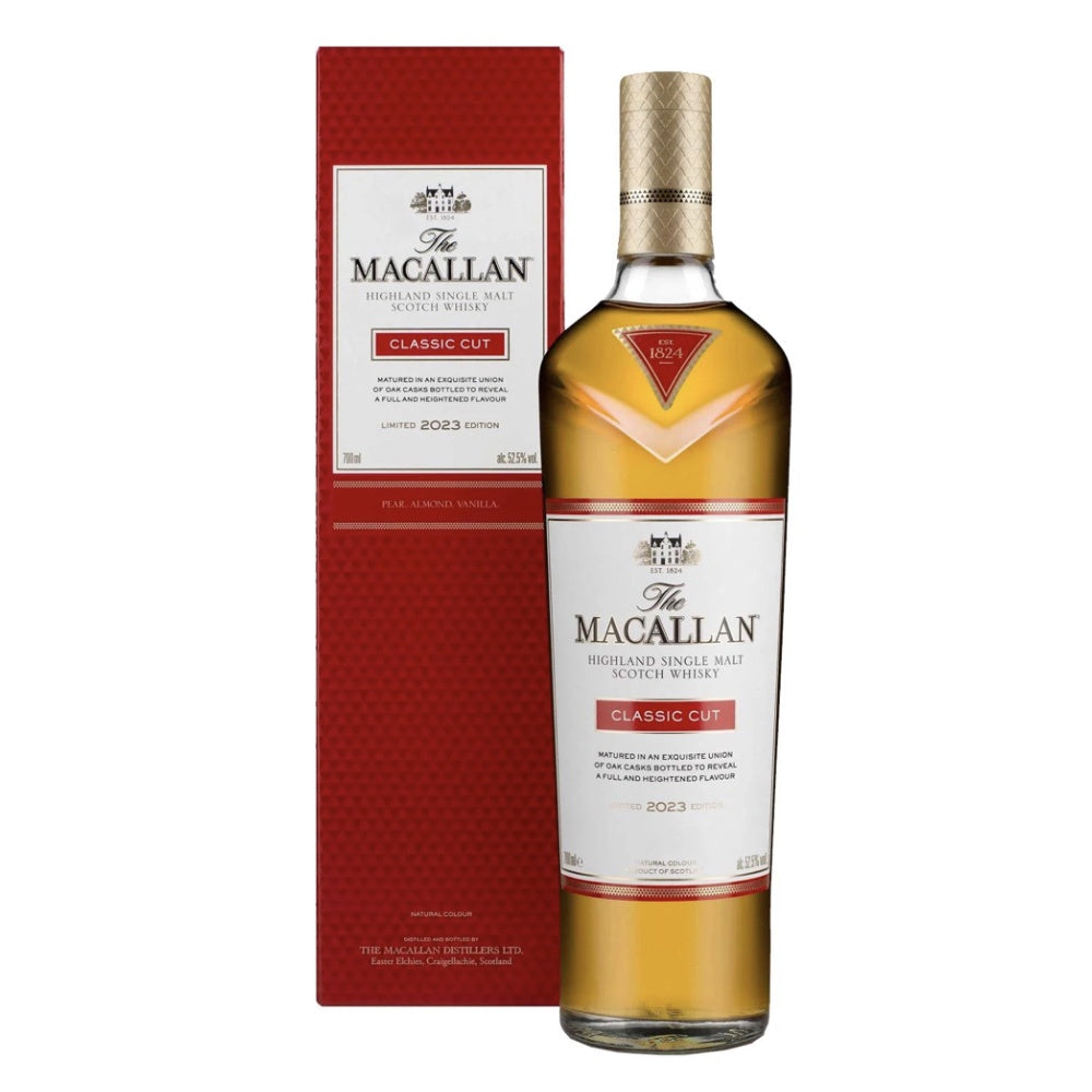 A bottle of The Macallan Classic Cut Speyside Single Malt Scotch Whisky next to its red packaging box, on a plain white background.