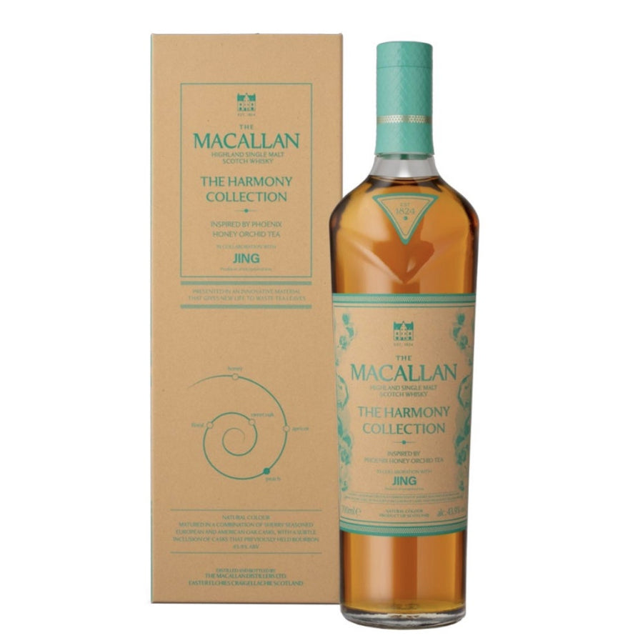 A bottle of Macallan The Harmony Collection Jing Speyside single malt whisky next to its kraft paper packaging box, shown on a plain white background.