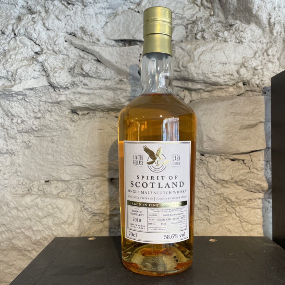 Bottle of 'Spirit of Scotland' single malt Scotch whisky against a stone wall background