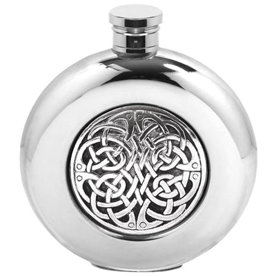 English Pewter 6oz Round Celtic Knots Flask Pewter - highlandwhiskyshop