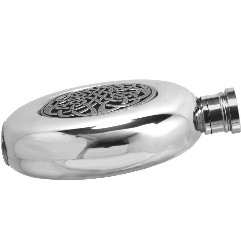 English Pewter 6oz Round Celtic Knots Flask Pewter - highlandwhiskyshop