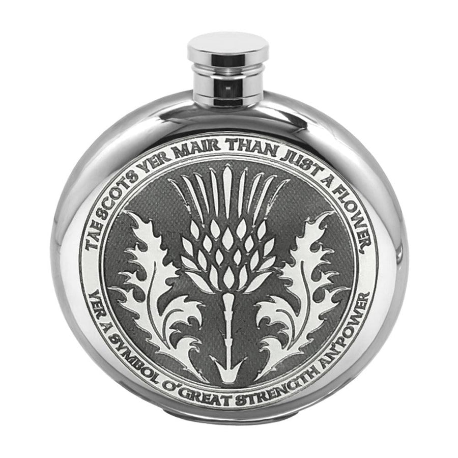 English Pewter 6oz Round Tae a Thistle Flask Pewter - highlandwhiskyshop