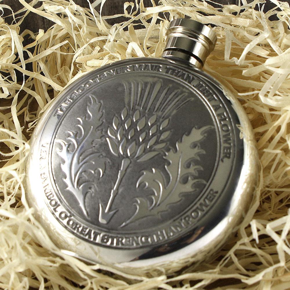 English Pewter 6oz Round Tae a Thistle Flask Pewter - highlandwhiskyshop